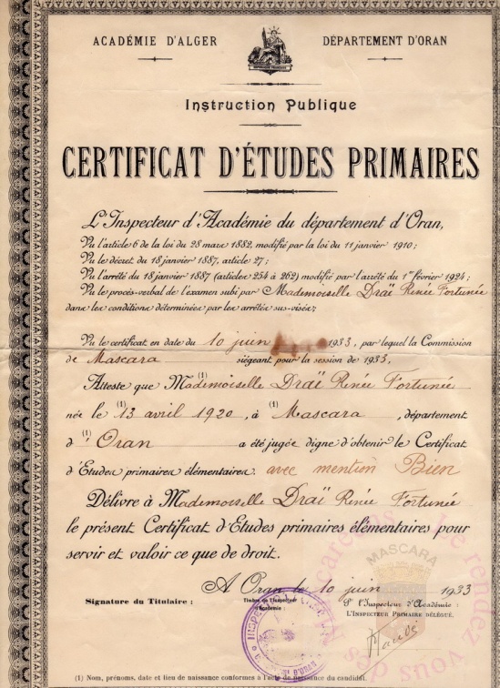 Certificat d'étude 1933